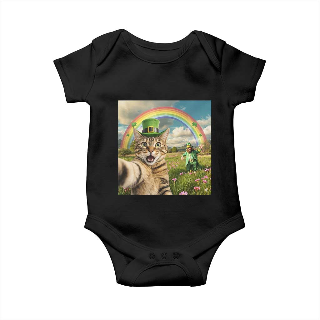 St Patricks Day Cat Selfie with Leprechaun Baby Onesie TS11 Black Print Your Wear