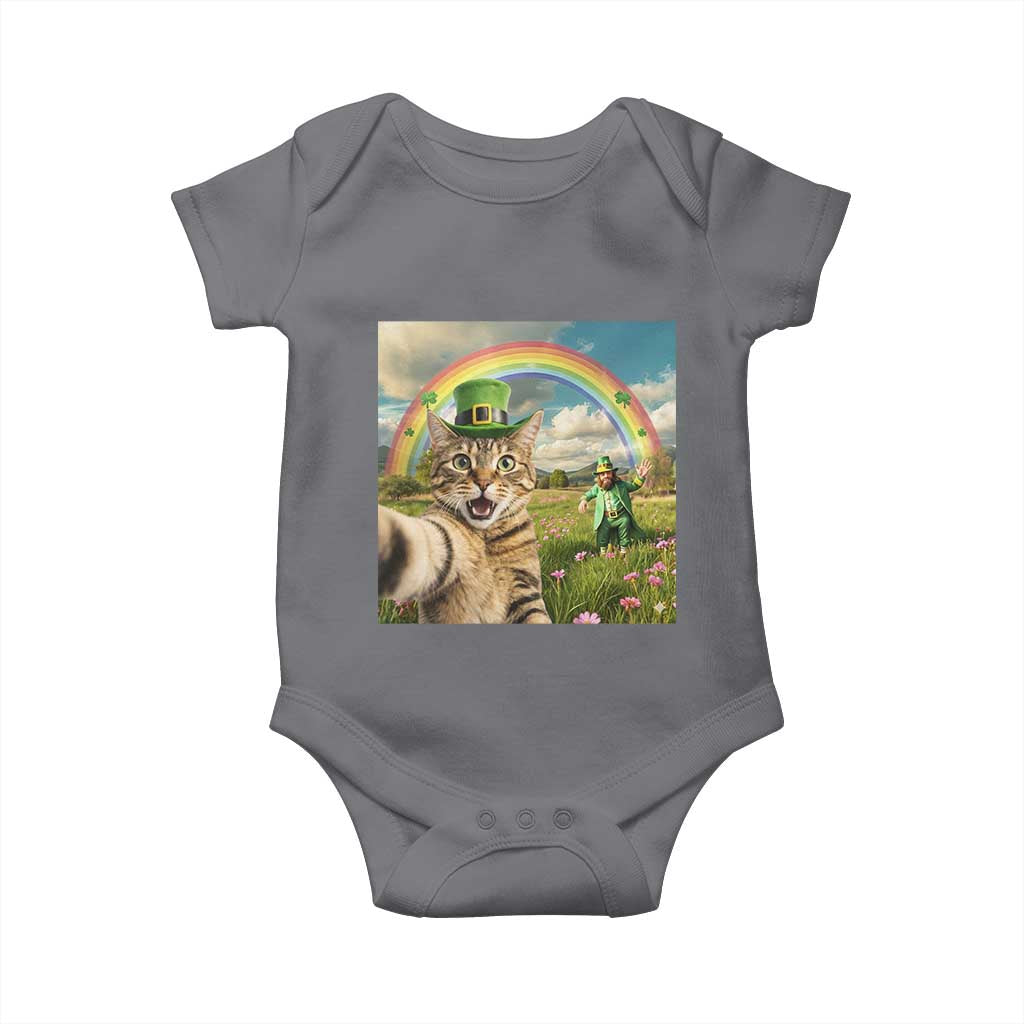 St Patricks Day Cat Selfie with Leprechaun Baby Onesie TS11 Charcoal Print Your Wear
