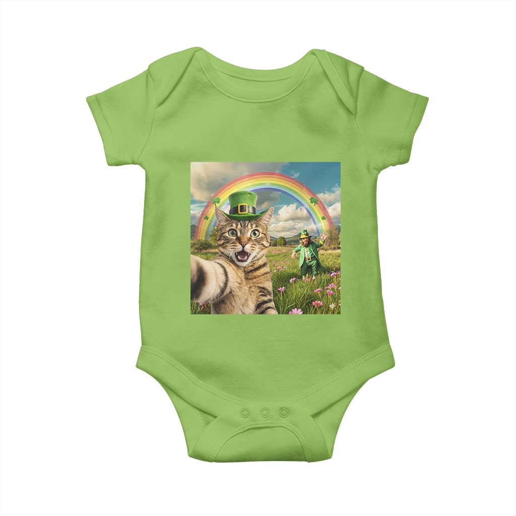 St Patricks Day Cat Selfie with Leprechaun Baby Onesie TS11 Lime Print Your Wear
