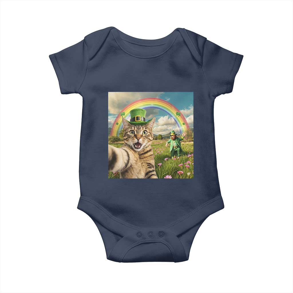 St Patricks Day Cat Selfie with Leprechaun Baby Onesie TS11 Navy Print Your Wear