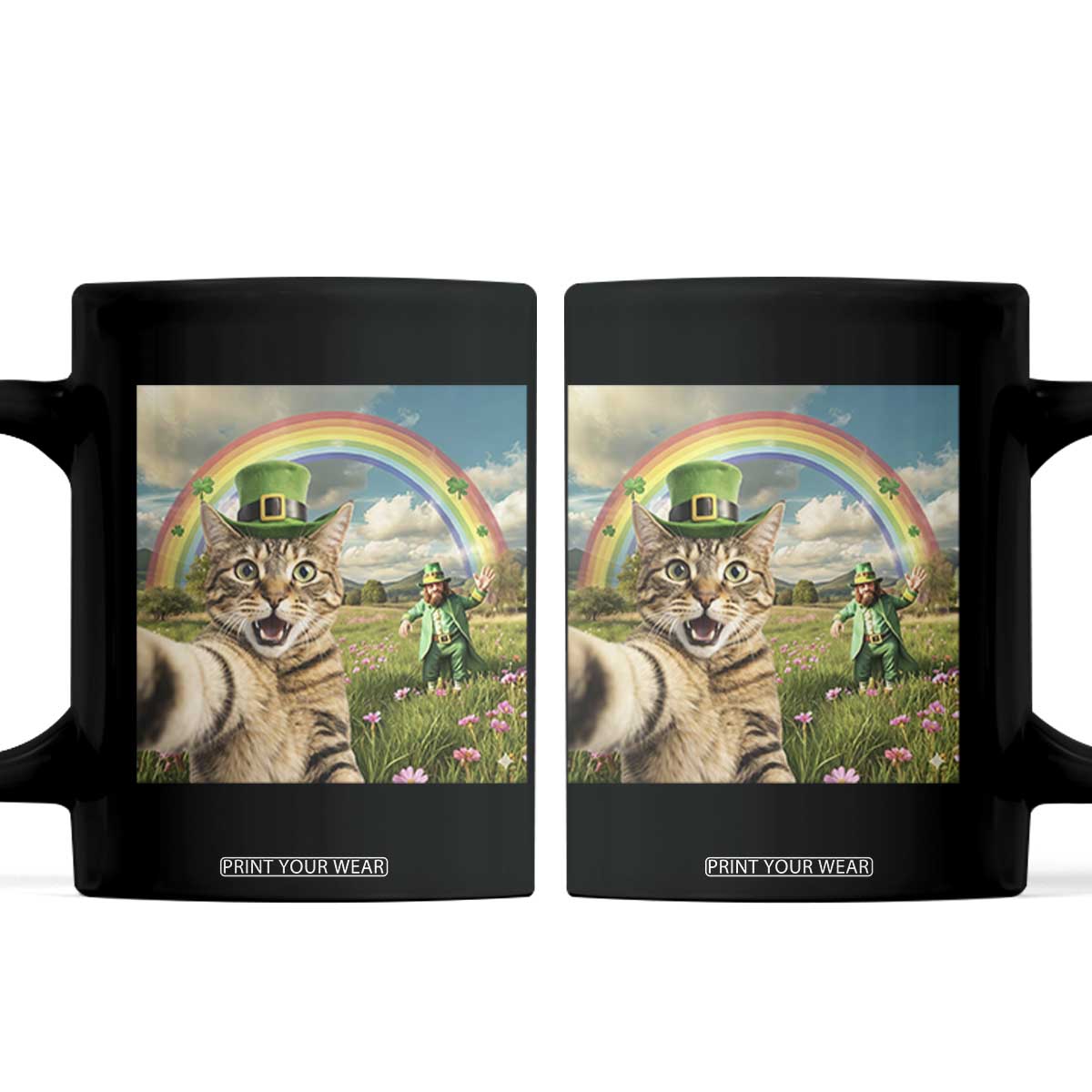 St Patricks Day Cat Selfie with Leprechaun Coffee Mug TS11 Black Print Your Wear