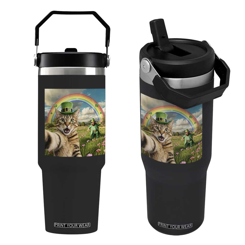 St Patricks Day Cat Selfie with Leprechaun Flip Straw Tumbler TS11 One Size: 30 oz Black Print Your Wear