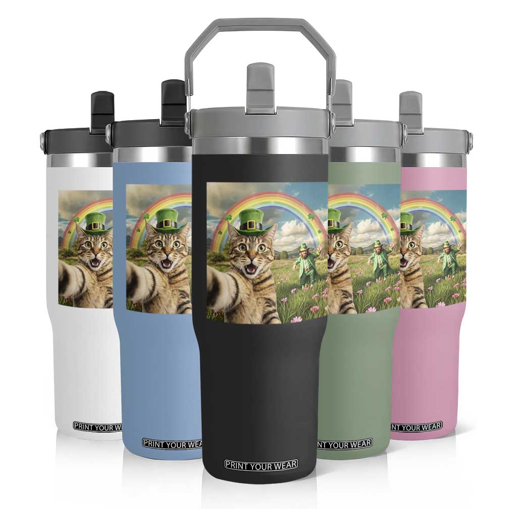 St Patricks Day Cat Selfie with Leprechaun Flip Straw Tumbler TS11 Print Your Wear