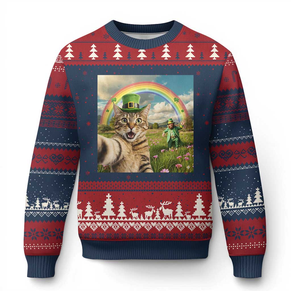 St Patricks Day Cat Selfie with Leprechaun Ugly Christmas Sweater TS11 Navy Red Print Your Wear