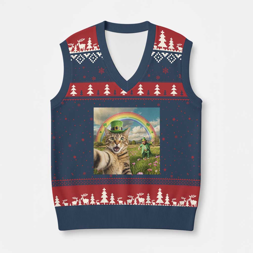 St Patricks Day Cat Selfie with Leprechaun V-Neck Knit Sweater Vest TS11 Navy Red Print Your Wear