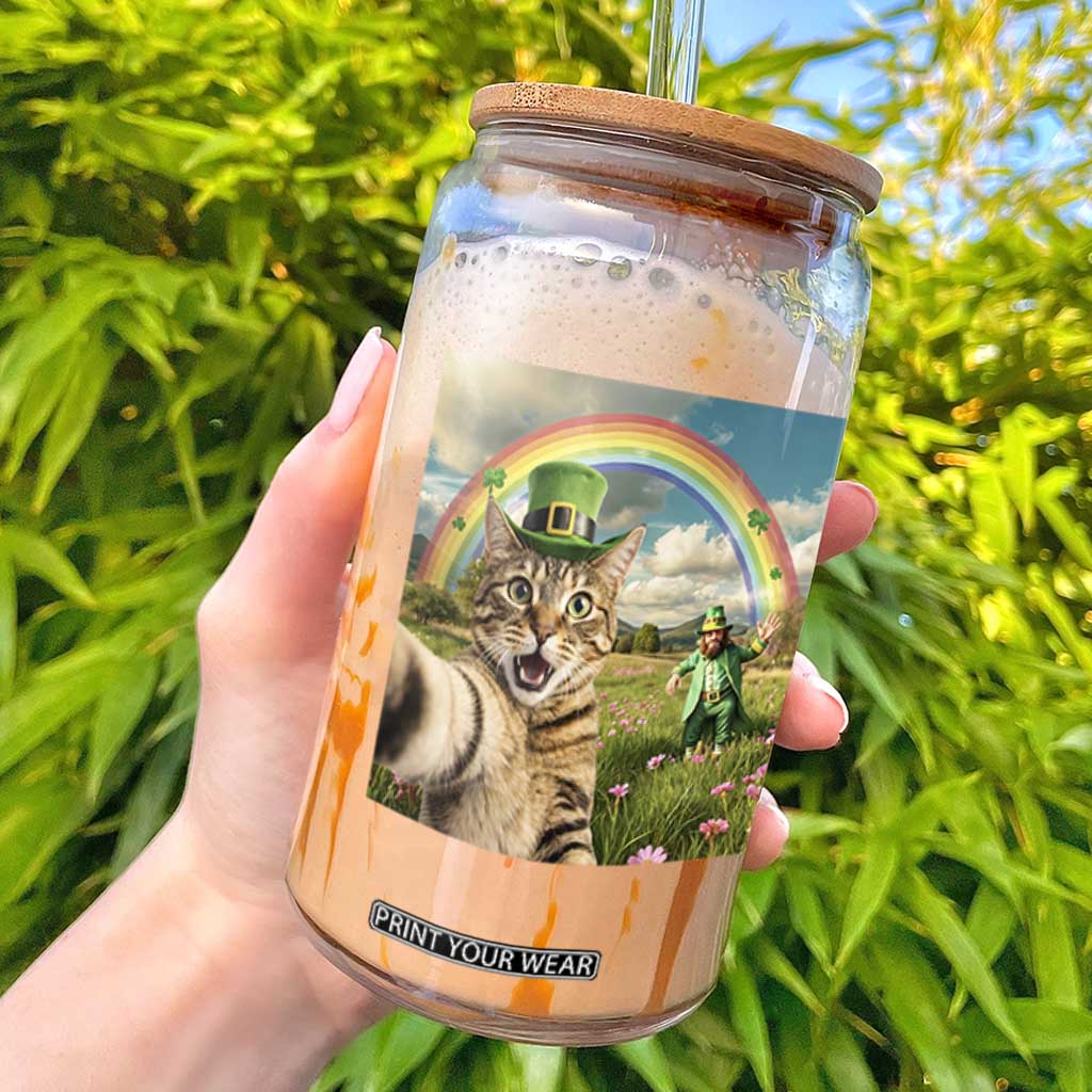 St Patricks Day Cat Selfie with Leprechaun Glass Can TS11 Black Print Your Wear