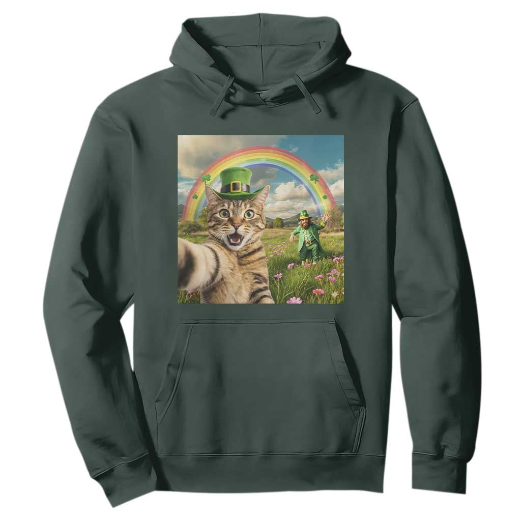 St Patricks Day Cat Selfie with Leprechaun Hoodie TS11 Dark Forest Green Print Your Wear