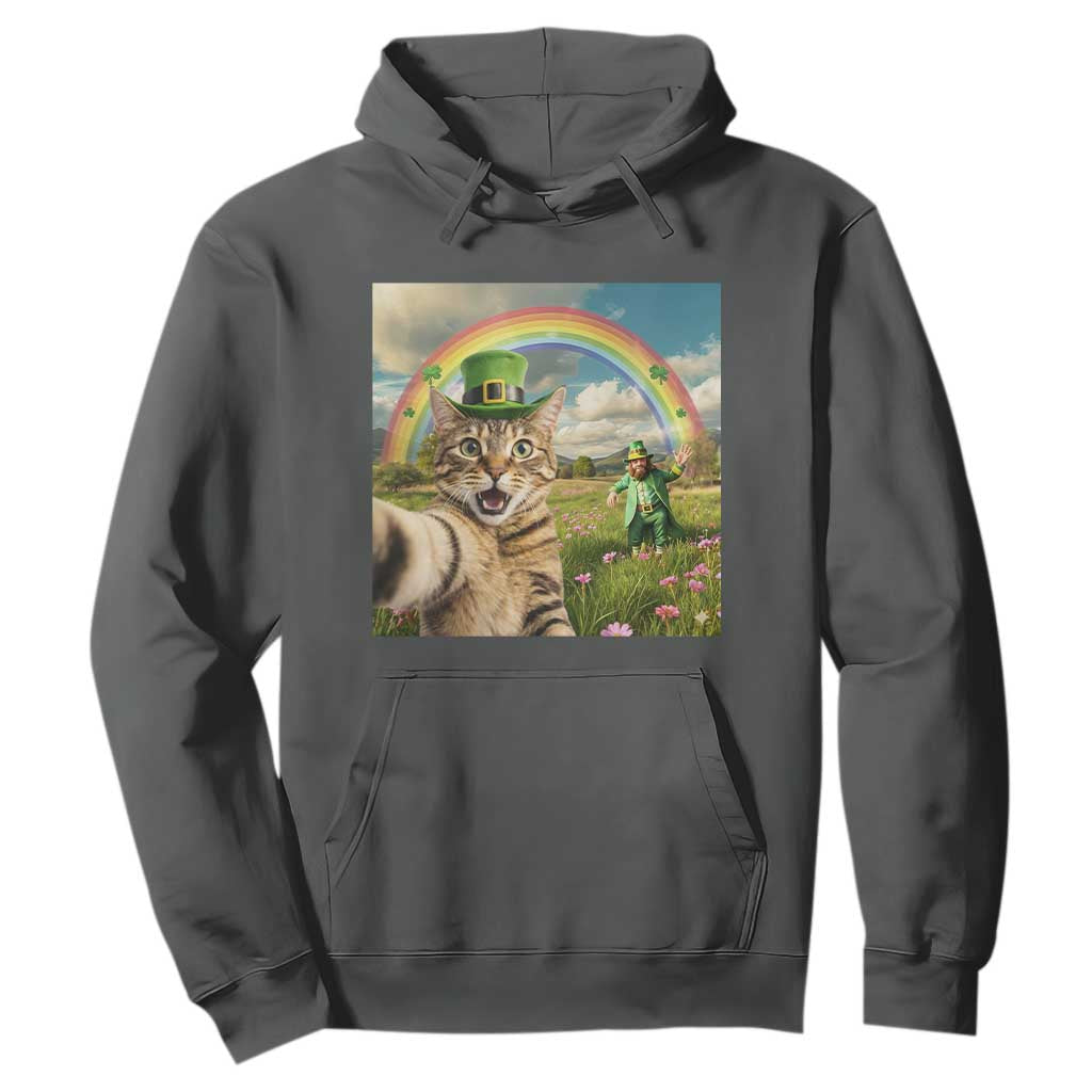 St Patricks Day Cat Selfie with Leprechaun Hoodie TS11 Dark Heather Print Your Wear