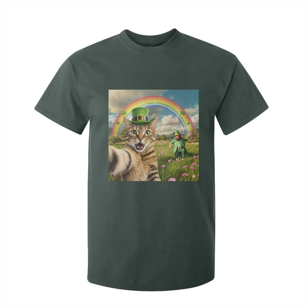 St Patricks Day Cat Selfie with Leprechaun T Shirt For Kid TS11 Dark Forest Green Print Your Wear