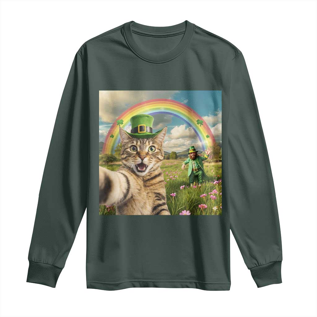 St Patricks Day Cat Selfie with Leprechaun Long Sleeve Shirt TS11 Dark Forest Green Print Your Wear