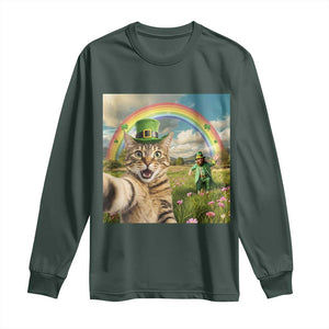 St Patricks Day Cat Selfie with Leprechaun Long Sleeve Shirt TS11 Dark Forest Green Print Your Wear