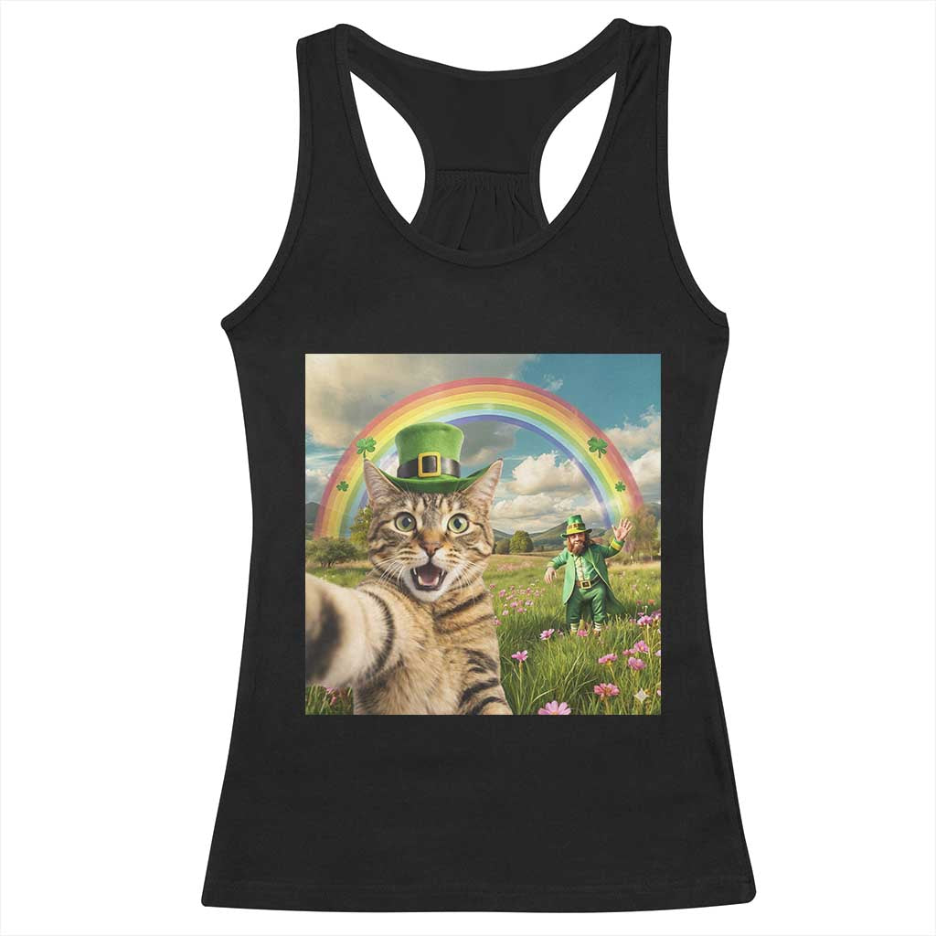 St Patricks Day Cat Selfie with Leprechaun Racerback Tank Top TS11 Black Print Your Wear