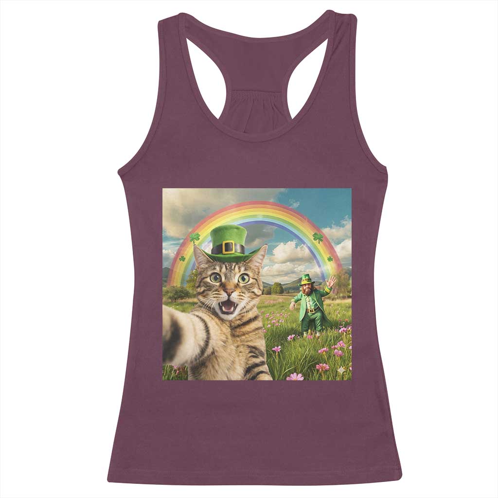 St Patricks Day Cat Selfie with Leprechaun Racerback Tank Top TS11 Maroon Print Your Wear