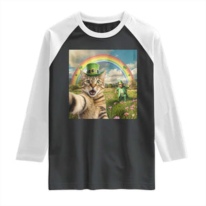 St Patricks Day Cat Selfie with Leprechaun Raglan Shirt TS11 Black White Print Your Wear