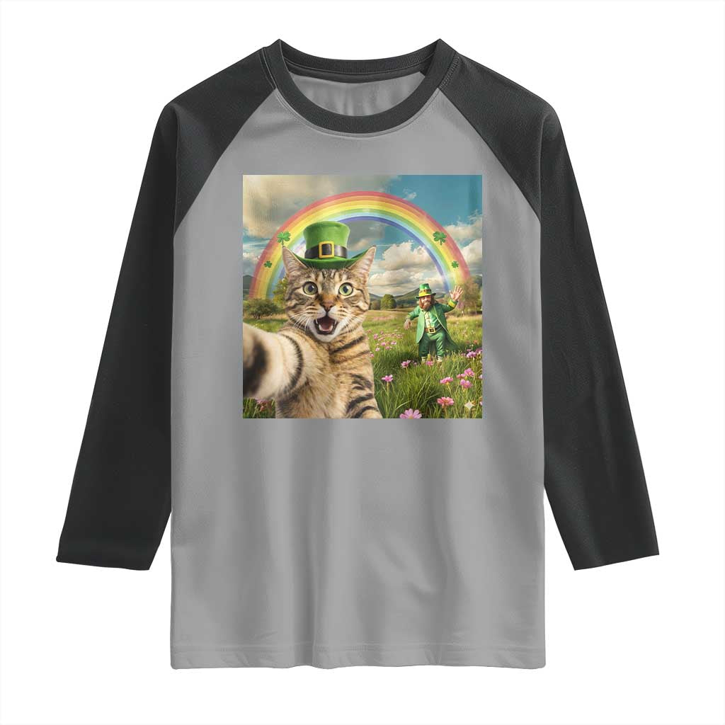 St Patricks Day Cat Selfie with Leprechaun Raglan Shirt TS11 Sport Gray Black Print Your Wear