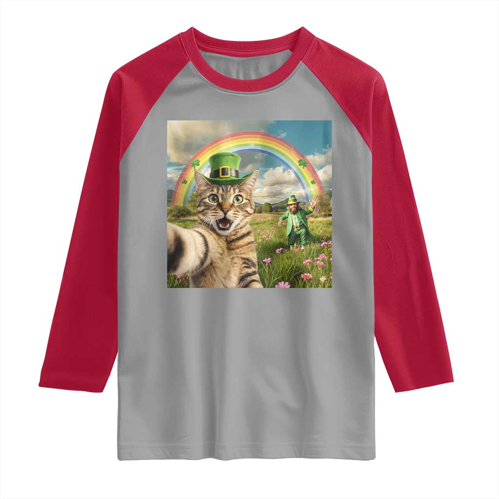 St Patricks Day Cat Selfie with Leprechaun Raglan Shirt TS11 Sport Gray Red Print Your Wear