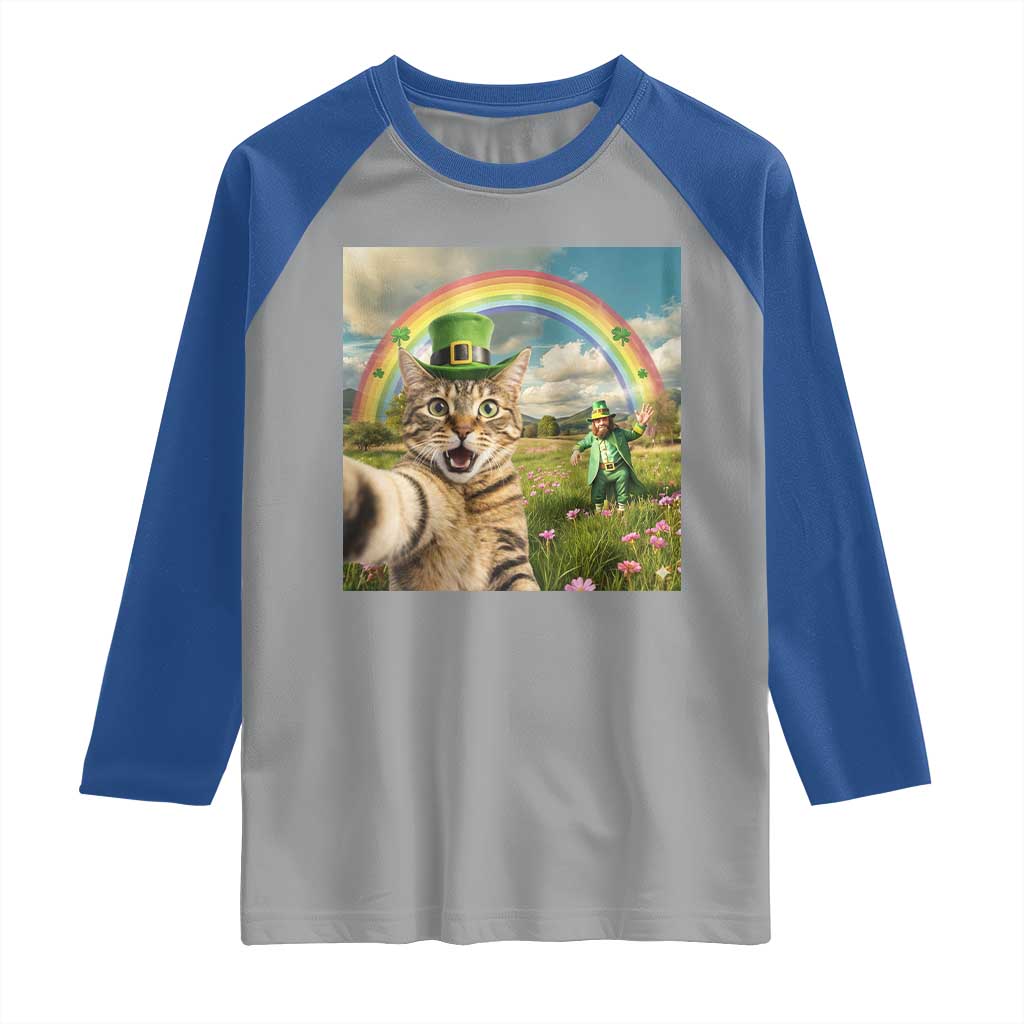 St Patricks Day Cat Selfie with Leprechaun Raglan Shirt TS11 Sport Gray Royal Print Your Wear