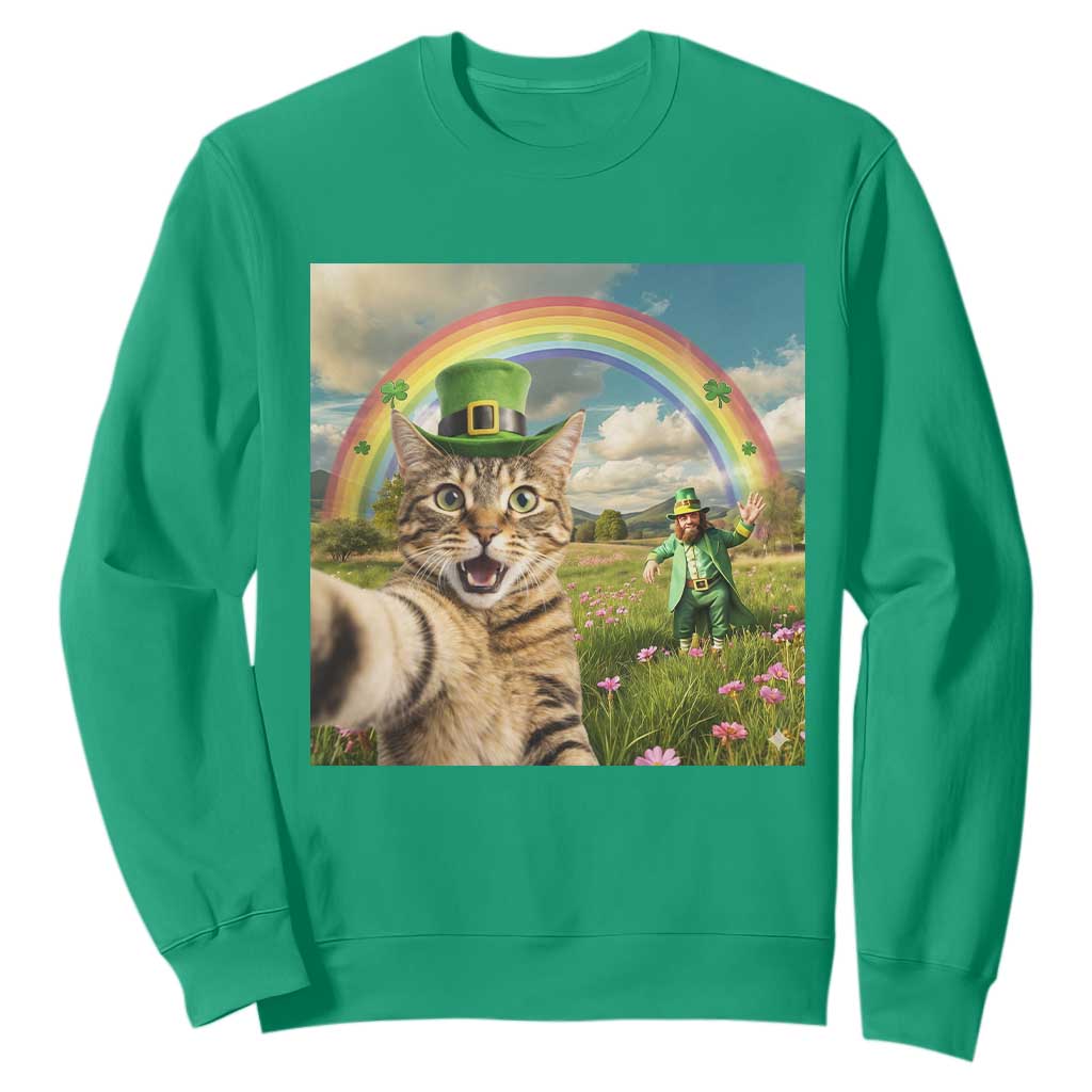 St Patricks Day Cat Selfie with Leprechaun Sweatshirt TS11 Irish Green Print Your Wear