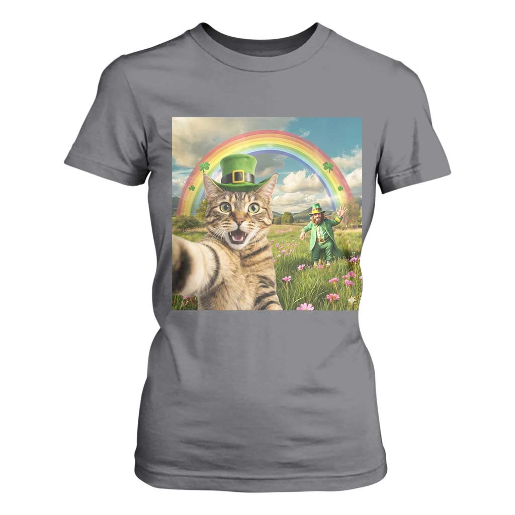 St Patricks Day Cat Selfie with Leprechaun T Shirt For Women TS11 Charcoal Print Your Wear