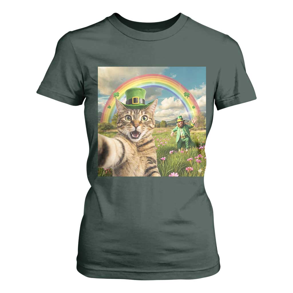 St Patricks Day Cat Selfie with Leprechaun T Shirt For Women TS11 Dark Forest Green Print Your Wear