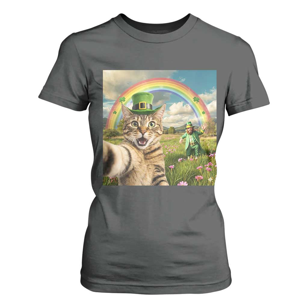 St Patricks Day Cat Selfie with Leprechaun T Shirt For Women TS11 Dark Heather Print Your Wear