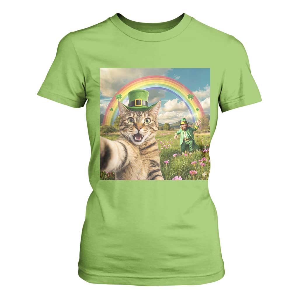 St Patricks Day Cat Selfie with Leprechaun T Shirt For Women TS11 Lime Print Your Wear