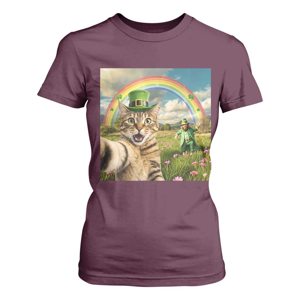 St Patricks Day Cat Selfie with Leprechaun T Shirt For Women TS11 Maroon Print Your Wear