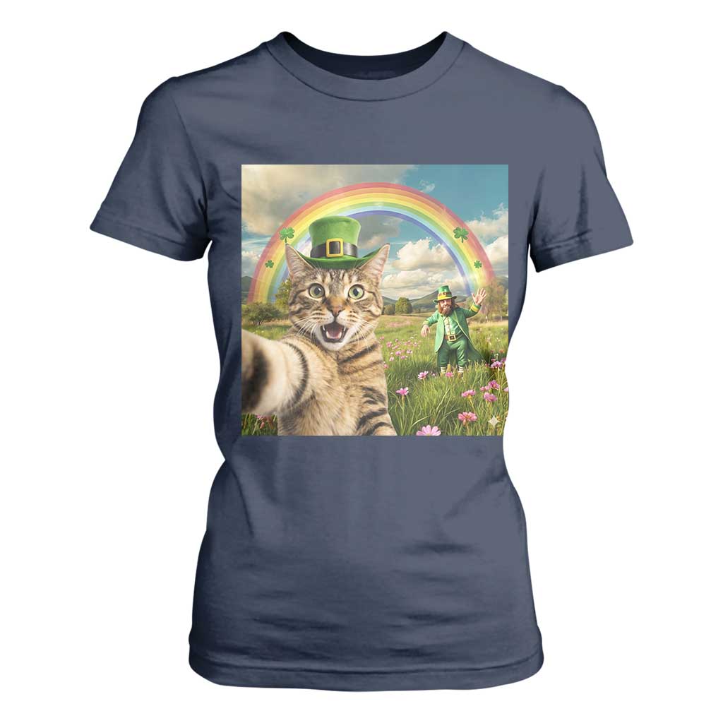 St Patricks Day Cat Selfie with Leprechaun T Shirt For Women TS11 Navy Print Your Wear