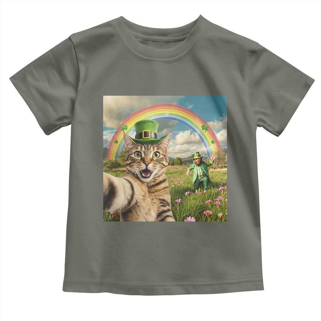 St Patricks Day Cat Selfie with Leprechaun Toddler T Shirt TS11 Military Green Print Your Wear