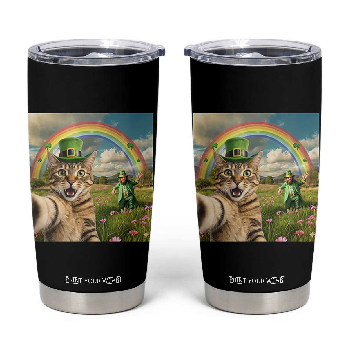 St Patricks Day Cat Selfie with Leprechaun Tumbler Cup TS11 Black Print Your Wear