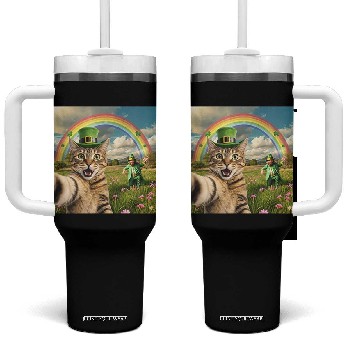 St Patricks Day Cat Selfie with Leprechaun Tumbler With Handle TS11 One Size: 40 oz Black Print Your Wear