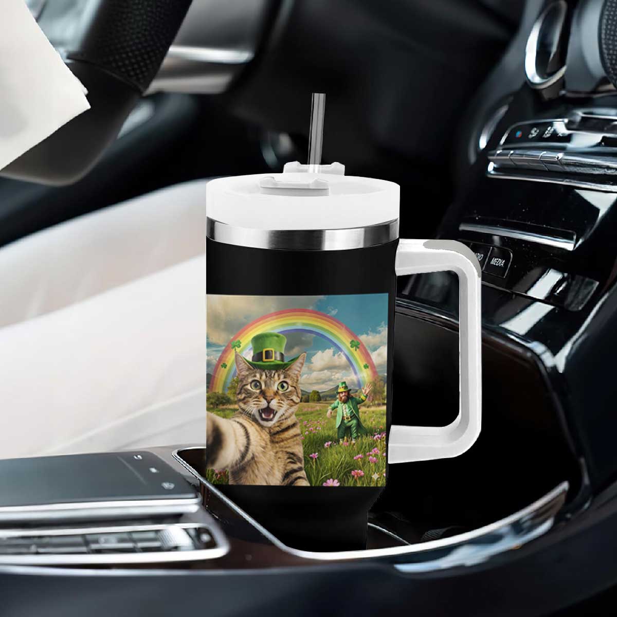 St Patricks Day Cat Selfie with Leprechaun Tumbler With Handle TS11 Print Your Wear