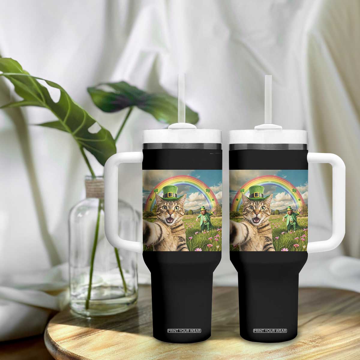 St Patricks Day Cat Selfie with Leprechaun Tumbler With Handle TS11 Print Your Wear