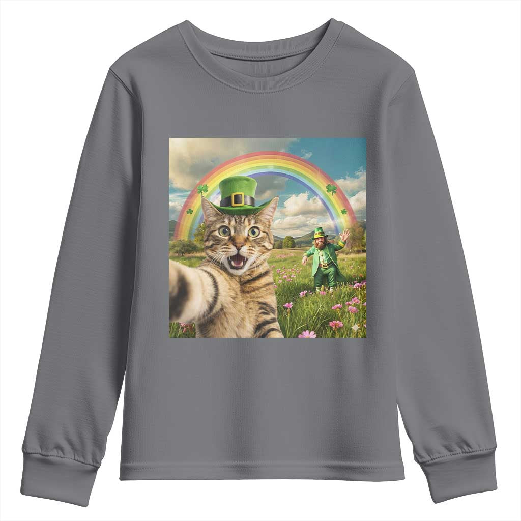 St Patricks Day Cat Selfie with Leprechaun Youth Sweatshirt TS11 Charcoal Print Your Wear