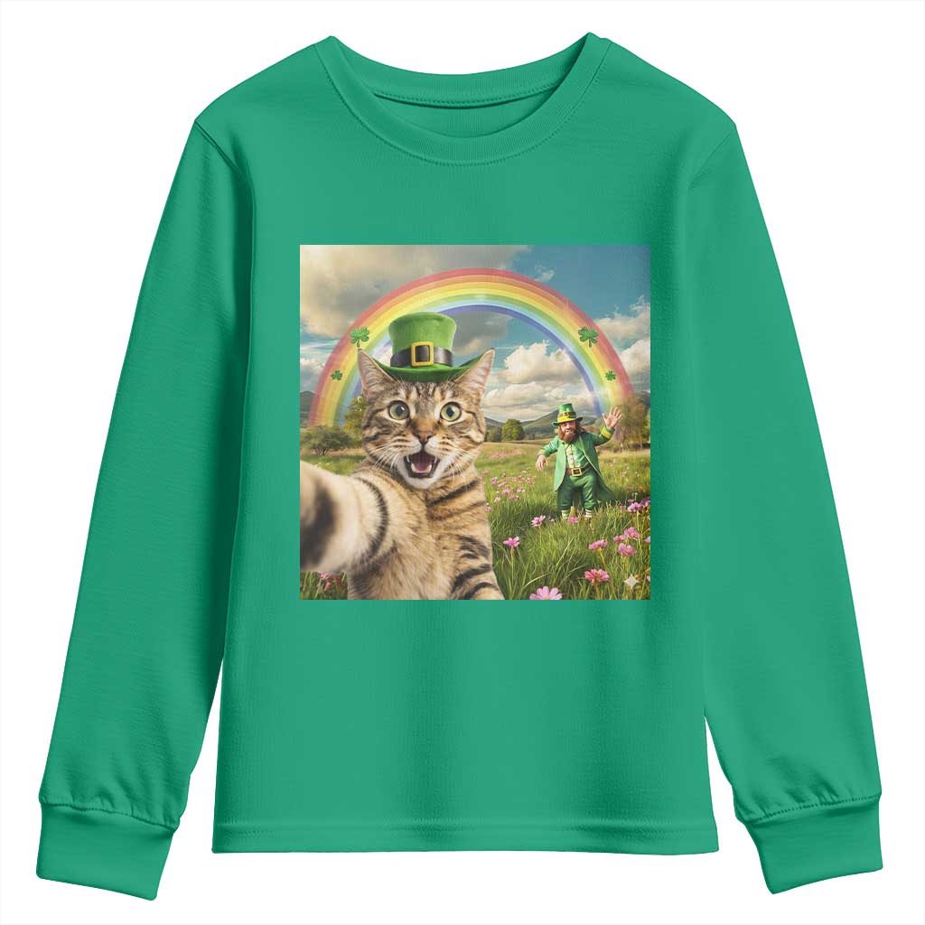 St Patricks Day Cat Selfie with Leprechaun Youth Sweatshirt TS11 Irish Green Print Your Wear