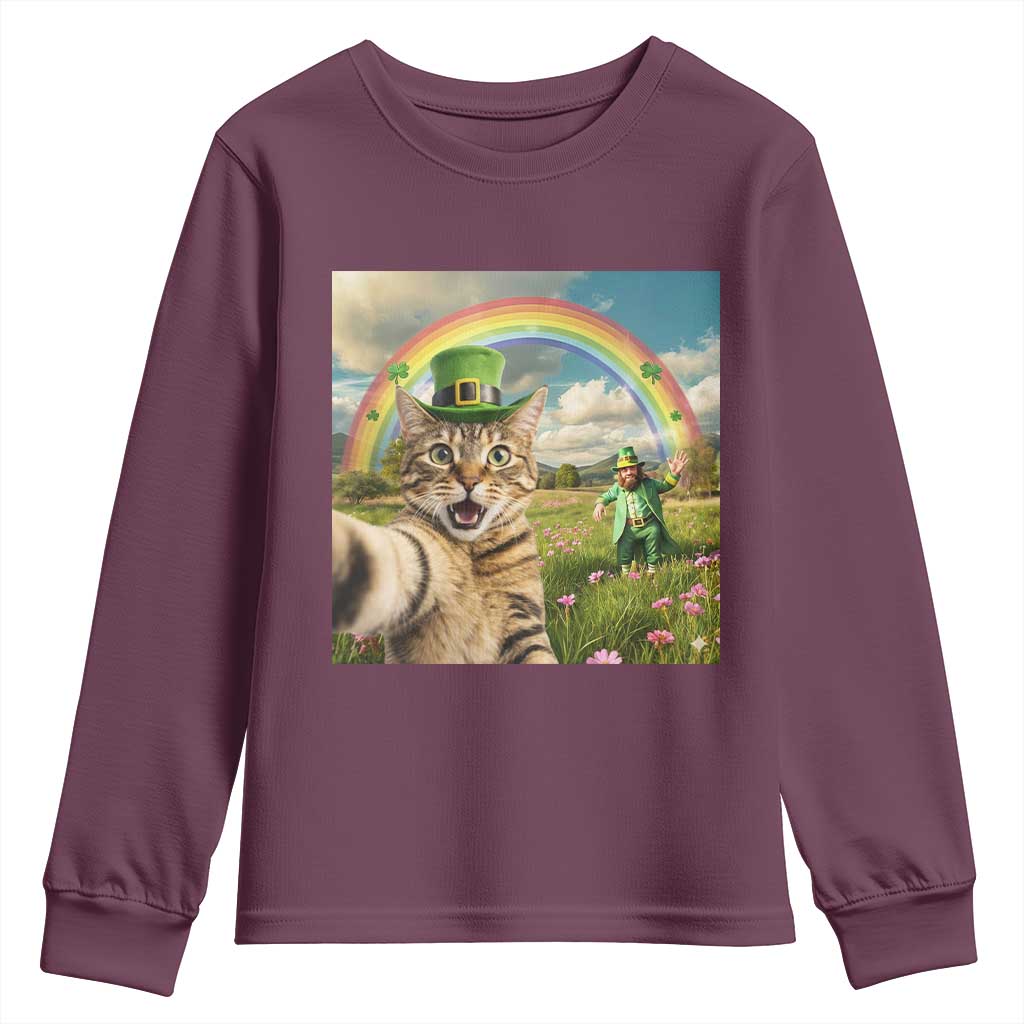 St Patricks Day Cat Selfie with Leprechaun Youth Sweatshirt TS11 Maroon Print Your Wear