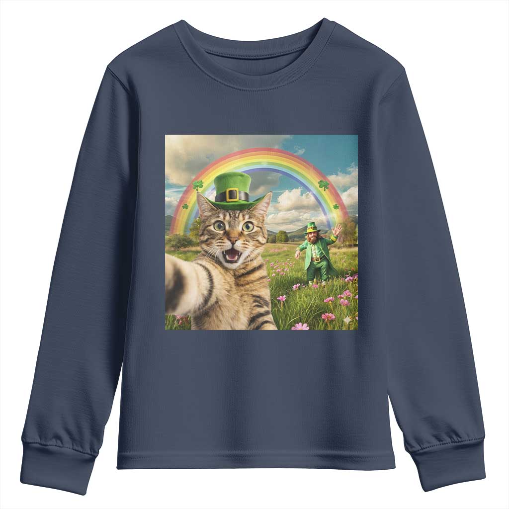 St Patricks Day Cat Selfie with Leprechaun Youth Sweatshirt TS11 Navy Print Your Wear
