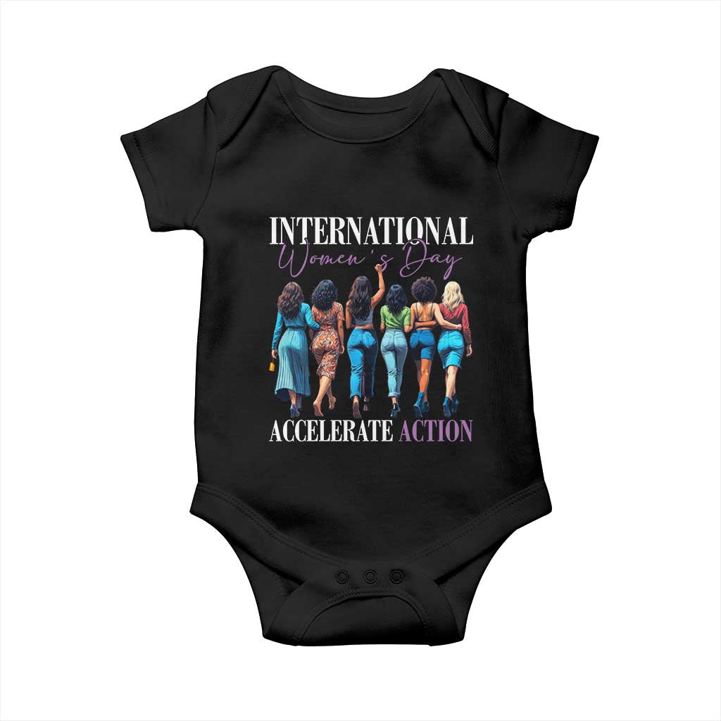 International Women's Day 2025 Baby Onesie Accelerate Action 8 March IWD TS11 Black Print Your Wear