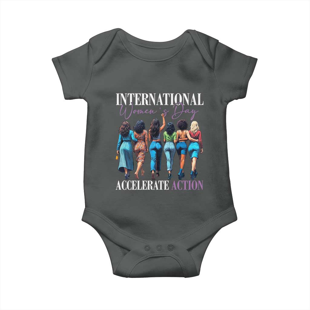 International Women's Day 2025 Baby Onesie Accelerate Action 8 March IWD TS11 Dark Heather Print Your Wear