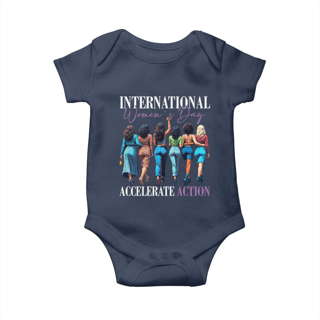 International Women's Day 2025 Baby Onesie Accelerate Action 8 March IWD TS11 Navy Print Your Wear