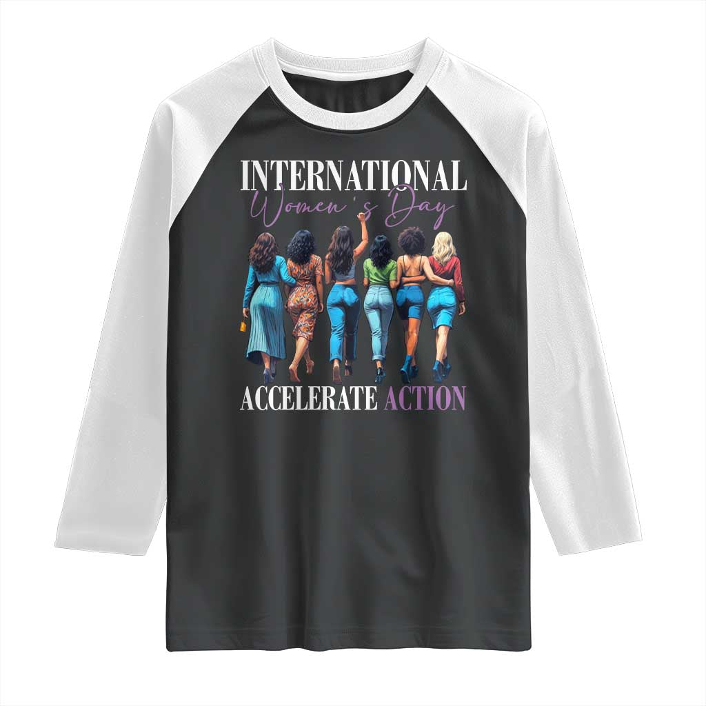 International Women's Day 2025 Raglan Shirt Accelerate Action 8 March IWD TS11 Black White Print Your Wear