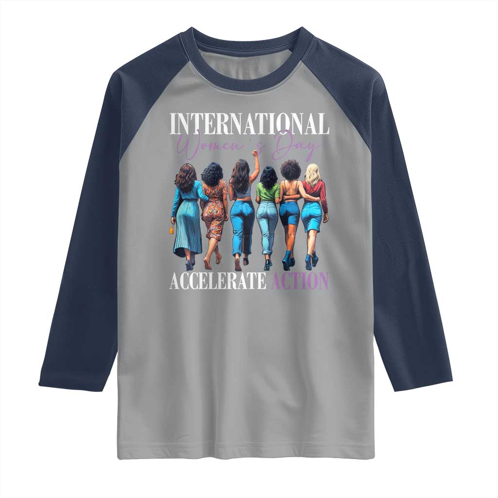 International Women's Day 2025 Raglan Shirt Accelerate Action 8 March IWD TS11 Sport Gray Navy Print Your Wear
