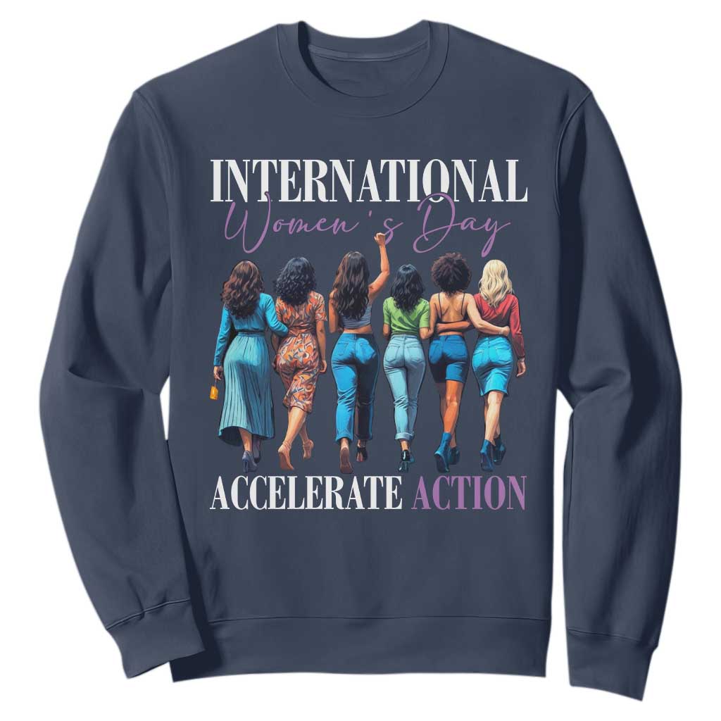 International Women's Day 2025 Sweatshirt Accelerate Action 8 March IWD TS11 Navy Print Your Wear