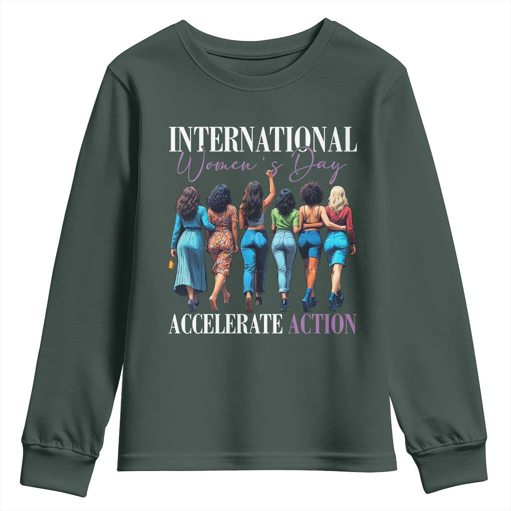 International Women's Day 2025 Youth Sweatshirt Accelerate Action 8 March IWD TS11 Dark Forest Green Print Your Wear