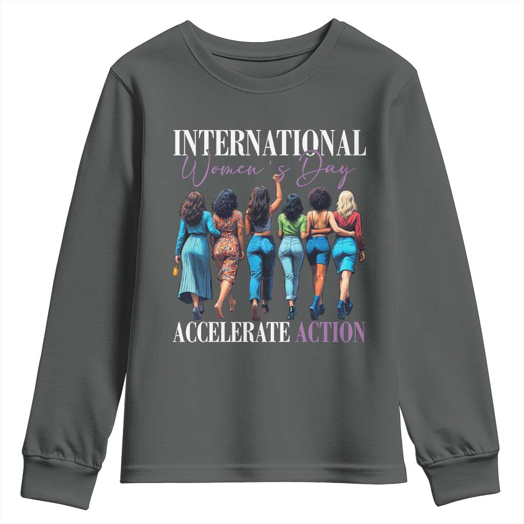 International Women's Day 2025 Youth Sweatshirt Accelerate Action 8 March IWD TS11 Dark Heather Print Your Wear