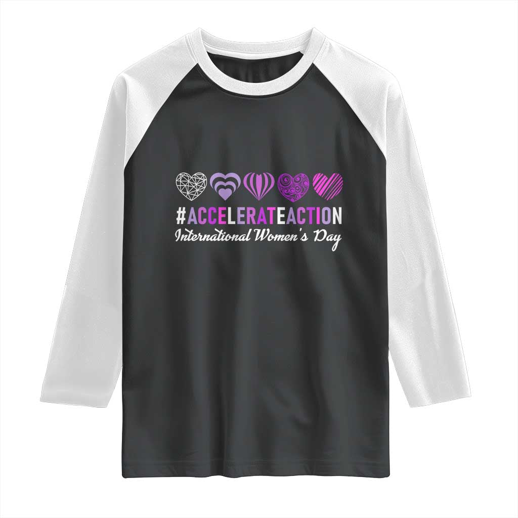 International Women's Day 2025 Raglan Shirt Accelerate Action IWD 8 March TS11 Black White Print Your Wear