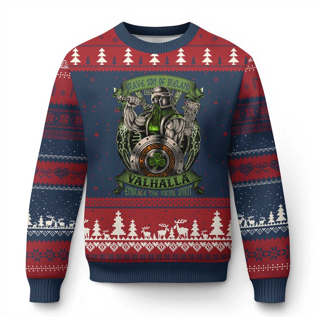 Irish Viking Ugly Christmas Sweater Brave Son Of Ireland Valhalla Embrace The Viking Spirit TS11 Navy Red Print Your Wear