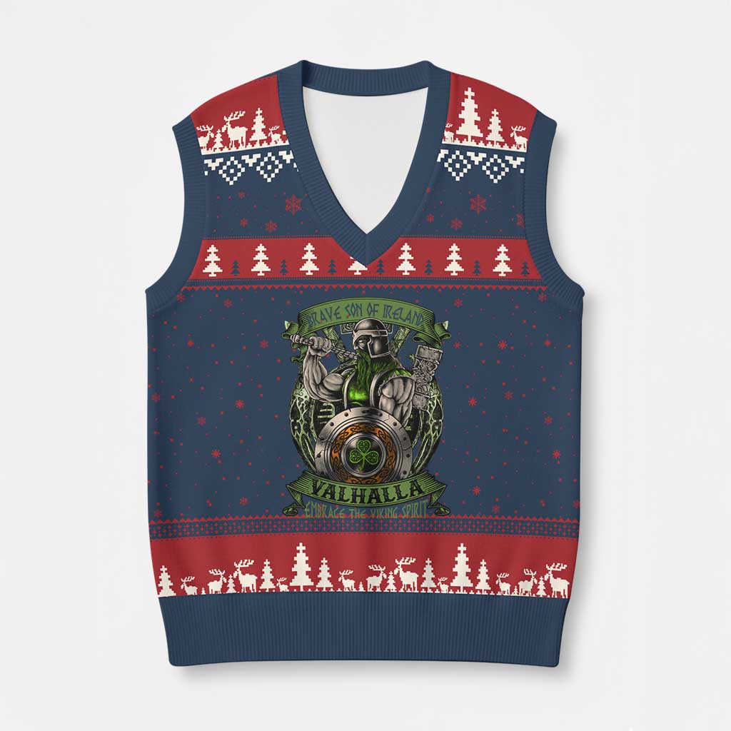Irish Viking V-Neck Knit Sweater Vest Brave Son Of Ireland Valhalla Embrace The Viking Spirit TS11 Navy Red Print Your Wear