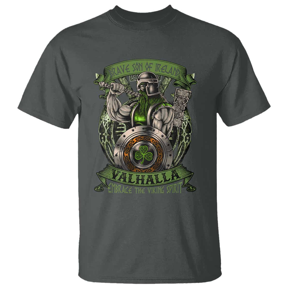 Irish Viking T Shirt Brave Son Of Ireland Valhalla Embrace The Viking Spirit TS11 Dark Heather Print Your Wear