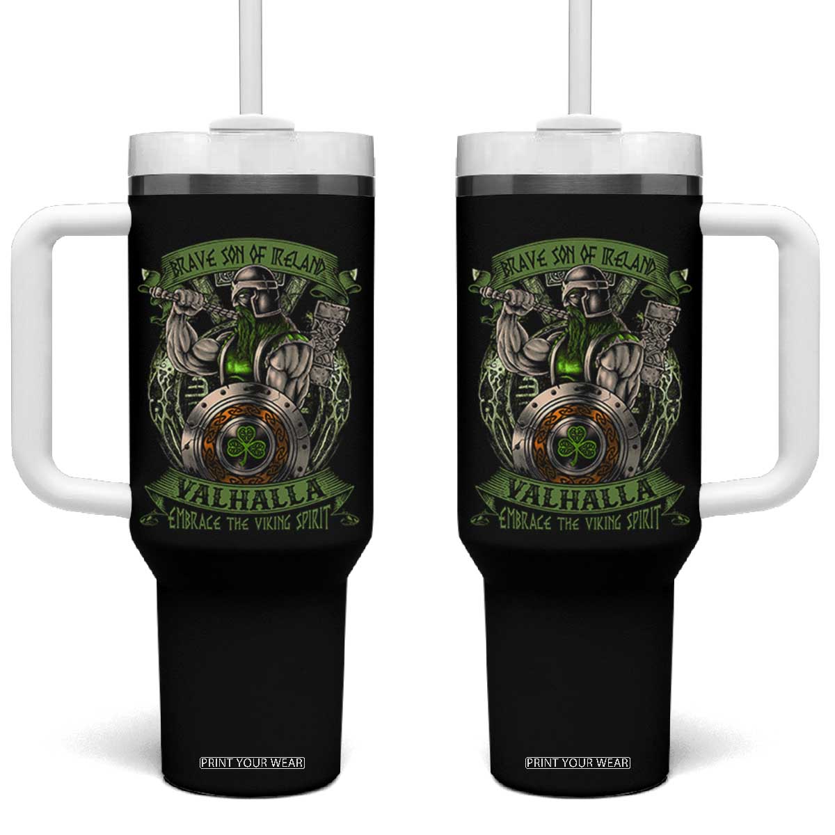 Irish Viking Tumbler With Handle Brave Son Of Ireland Valhalla Embrace The Viking Spirit TS11 One Size: 40 oz Black Print Your Wear